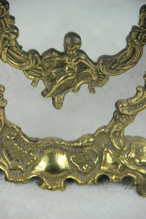 Antique French vanity Bronze brass putti Mirror candle holder set make up