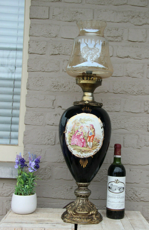 Majestical French cobalt blue limoges porcelain victorian scene glass shade