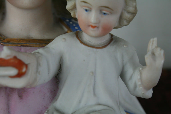 Large French porcelain bisque polychrome madonna child statue religious