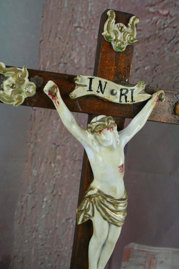 Antique Porcelain ceramic Crucifix 1900 christ rare special model religious