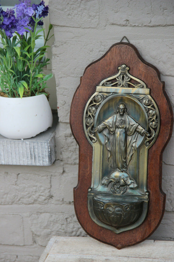 Antique religious holy water font Christ plaque wood metal rare