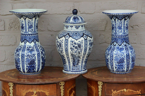 SET of 3 DELFT sphinx royal pottery blue white Vases floral decors marked