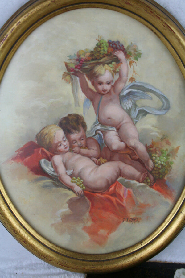 PAIR Flemish 1960 Oil panel Pendant painting signed putti cherubs romance