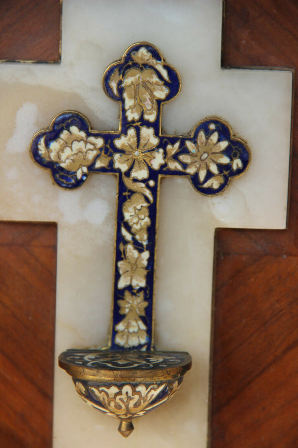 Antique French religious holy water font crucifix cloisonne enamel Wood frame
