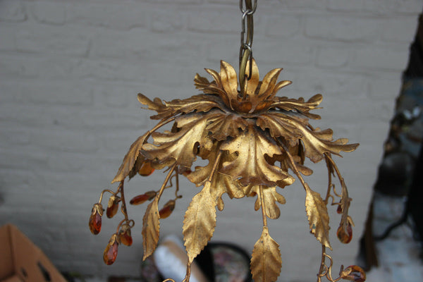 Mid century 1960 French chandelier pendant maison jansen era Amber glass drops