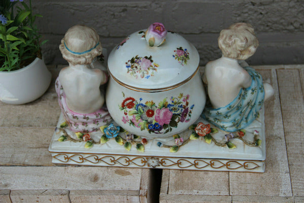 LARGE german porcelain putti figurine Centerpiece lidded Statue box floral decor