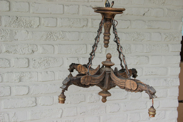 Antique French Gothic Castle 4 Dragon chimaera Chandelier wood carved 19thc