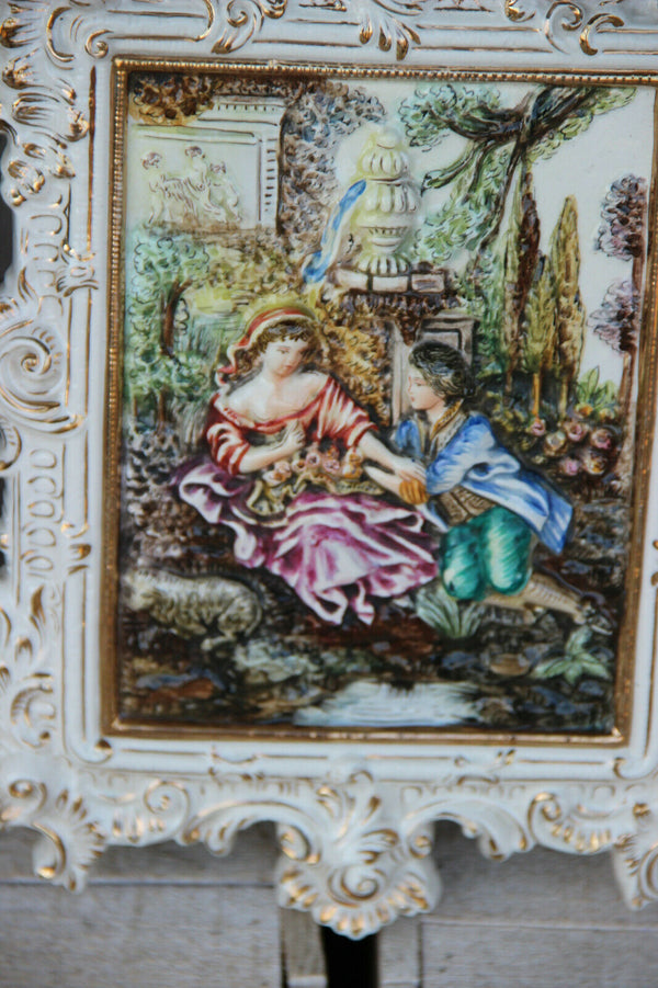 Italian capodimonte marked porcelain relief Wall plaque panel romantic scene 70s