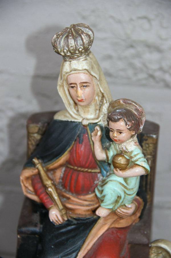 Rare French Antique religious chalkware Statue group regina cordium mary queen