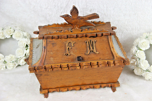 Antique French art nouveau 1900 Wood carved Wedding box Gift initials F M bird