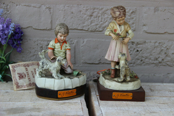 gianni visentin capodimonte marked pair figurine statue boy girl with dog marked