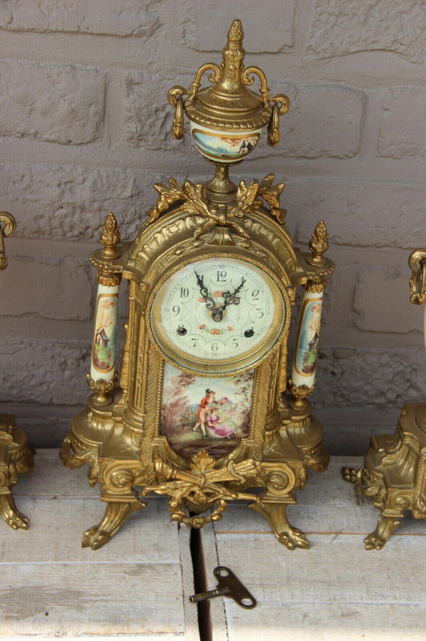 French Porcelain Clock set urns vases victorian romantic scenes