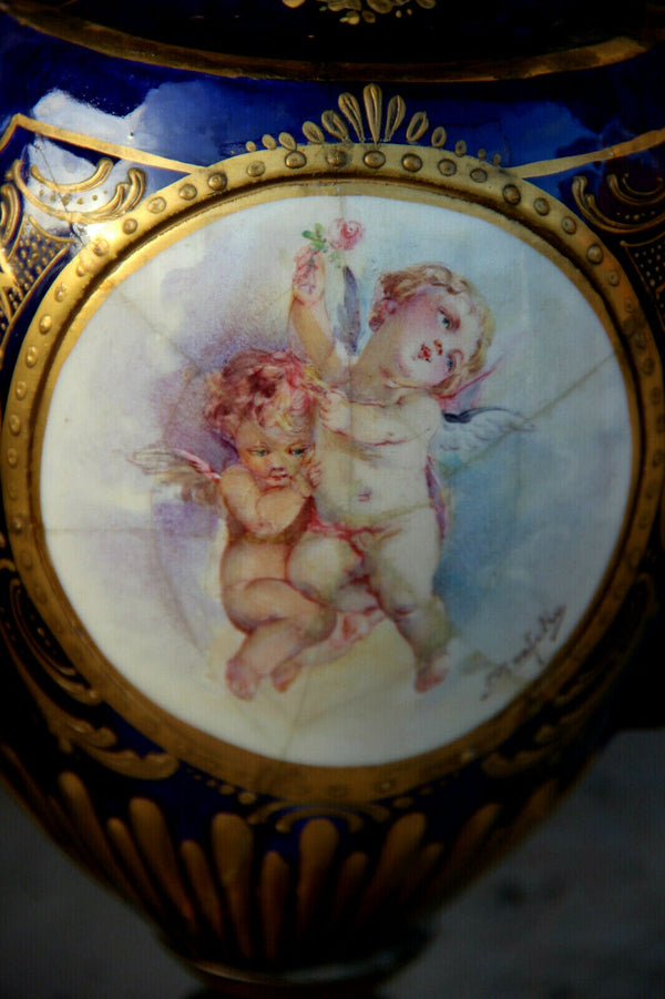 Antique PAIR french putti angels porcelain Blue Vases 19th c