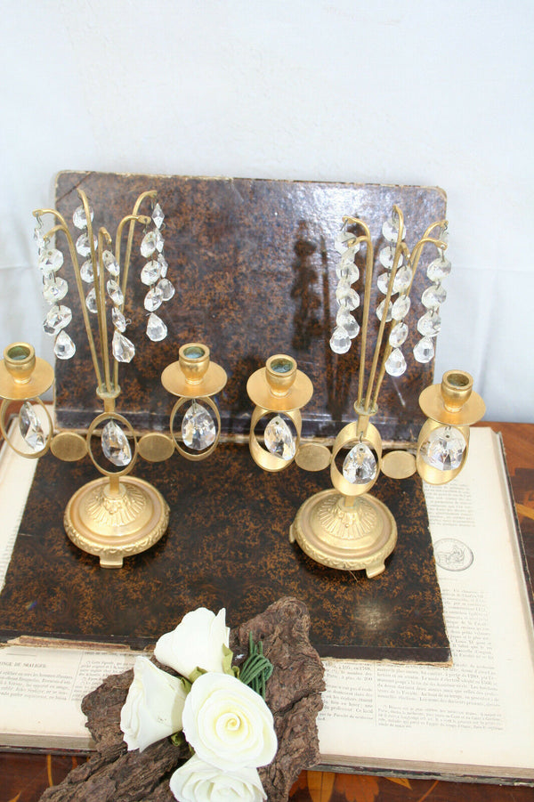 PAIR Brass Candlesticks candle holders with crystal glass decoration drops