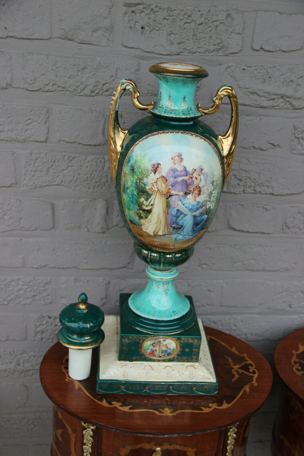 Huge vienna porcelain beehive marked Green porcelain vase romantic scene