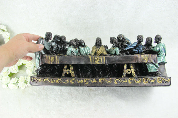 Antique large French chalkware polychrome last supper statue religious