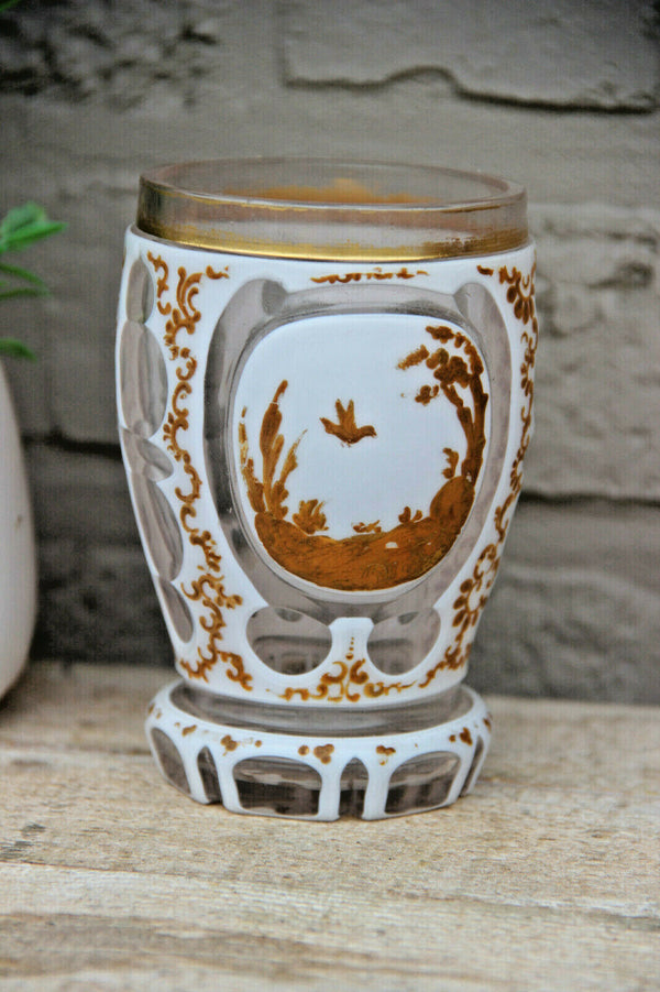 Vintage French crystal glass Enamel Bird scene Vase