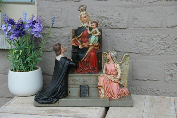 Rare French Antique religious chalkware Statue group regina cordium mary queen