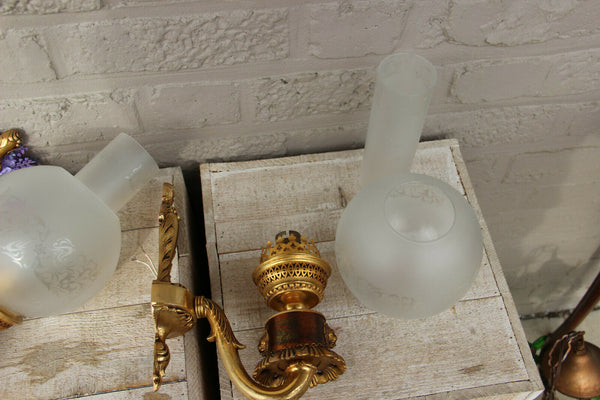 PAIR vintage 1960 French brass metal Lion head wall lights sconces glass globe