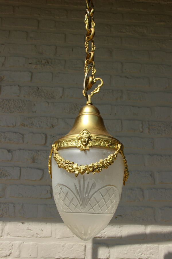 Antique French Brass Crystal Lantern entrance hall chandelier putti heads