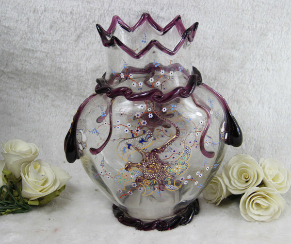 RARE top Antique 1900 Bohemian MOSER Enamel art glass Vase drops floral decor