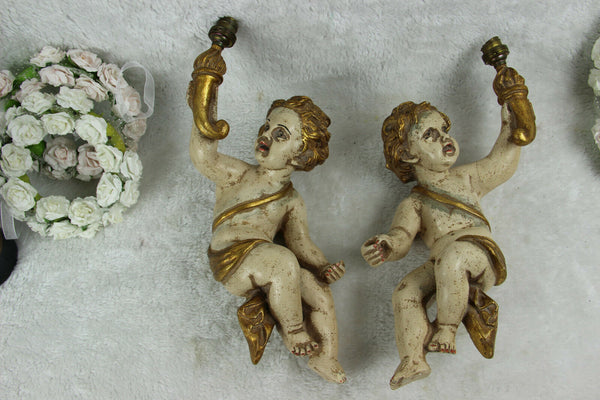 PAIR antique italian chalkware Angels putti cherubs wall lights sconces