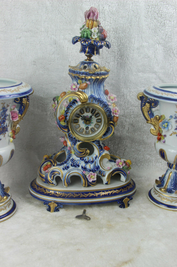 Set French clock vases sevres porcelain relief floral decor