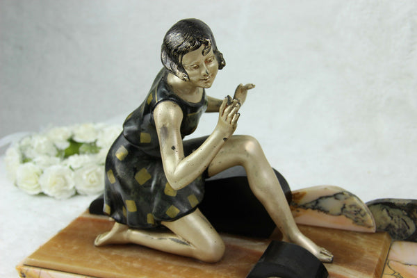 ART DECO 1930 french lady deer statue marble onyx base metal bronze patina