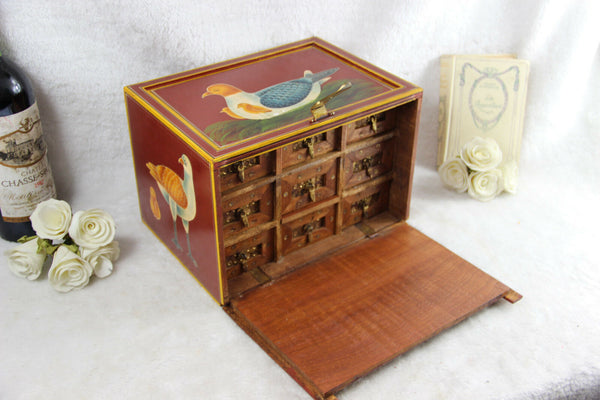 Rare French handmade paint birds Wood carved jewelry Box drawers inside 1970