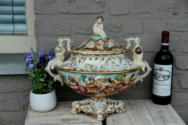 huge italian capodimonte marked porcelain centerpiece lidded bowl vase putti