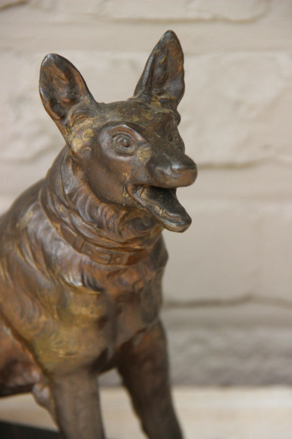 Antique ART DECO 1930 Spelter bronze german sheperd dog marble base statue