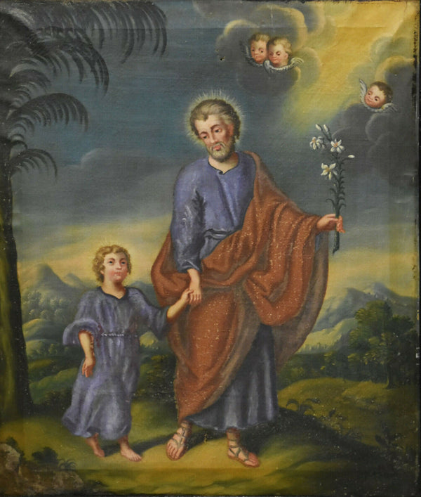 Antique Religious oil canvas painting jesus child joseph angels putti