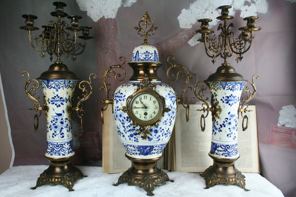 XXL Delft Bluewhite pottery birds decor clock candelabras 1930 Holland mantel