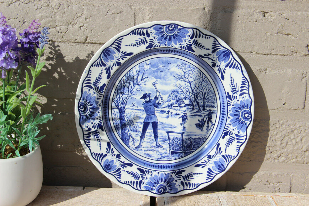 Vintage DELFT blue white pottery plate marked winter season