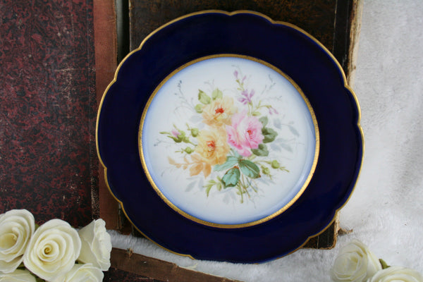 Vintage French 1960 hand paint porcelain floral plate cobalt blue