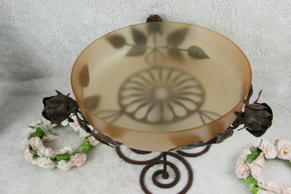 ART Nouveau French antique cast iron rose flowers Rose Glass bowl centerpiece