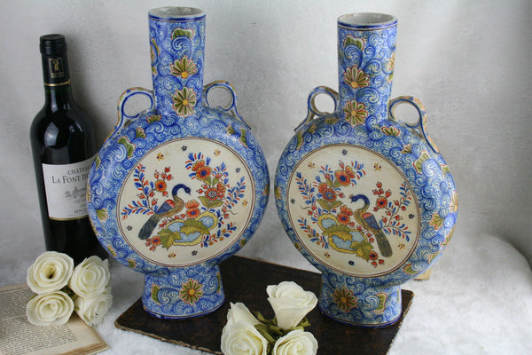 Unusual RARE DELFT marked Kocks Moonflask floral polychrome peacock Vases