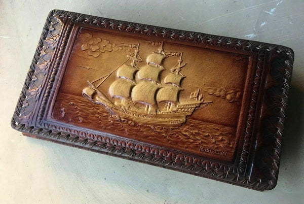 Vintage French leather wood Gloves  Box maritime boat scene signed 1950