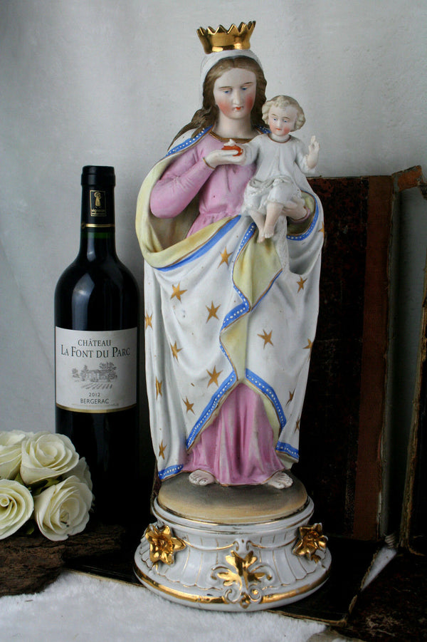 Large French porcelain bisque polychrome madonna child statue religious