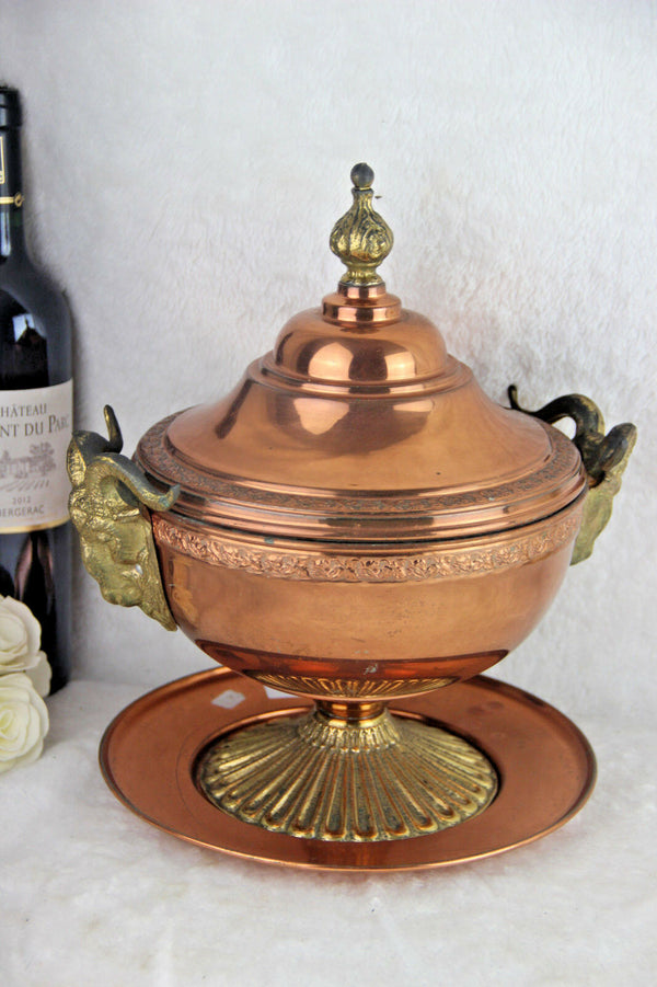 Gorgeous French copper soup tureen bowl coupe on plate ram heads brass RARE