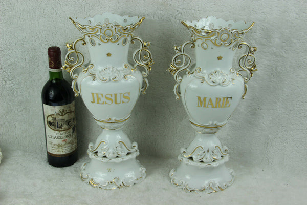 Rare XL Antique french Vieux PARIS porcelain religious altar Jesus Mary Vases