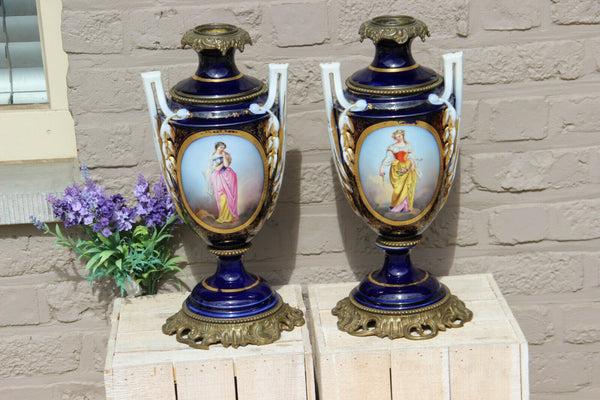 PAIR antique Vieux paris bayeux porcelain oil lamp vases portrait lady