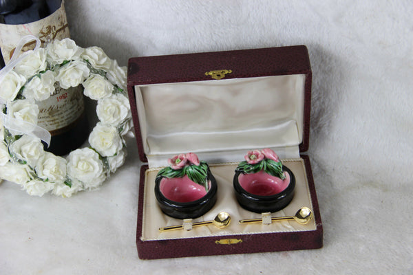 Cute French Vintage Salt pepper Condiment set faience roses in box w spoon 1960
