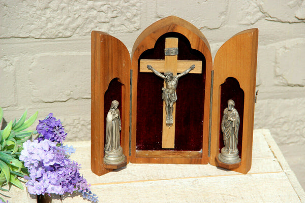 Antique French Religious travel triptych Crucifix Madonna joseph statue velvet