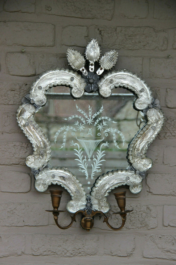 Vintage italian Venetian Glass Wall Mirror with candle holders 1970
