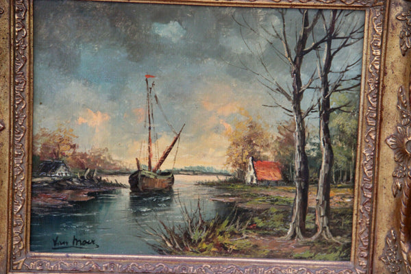 Pair flemish oil cardboard landscape maritime boat scene painting signed
