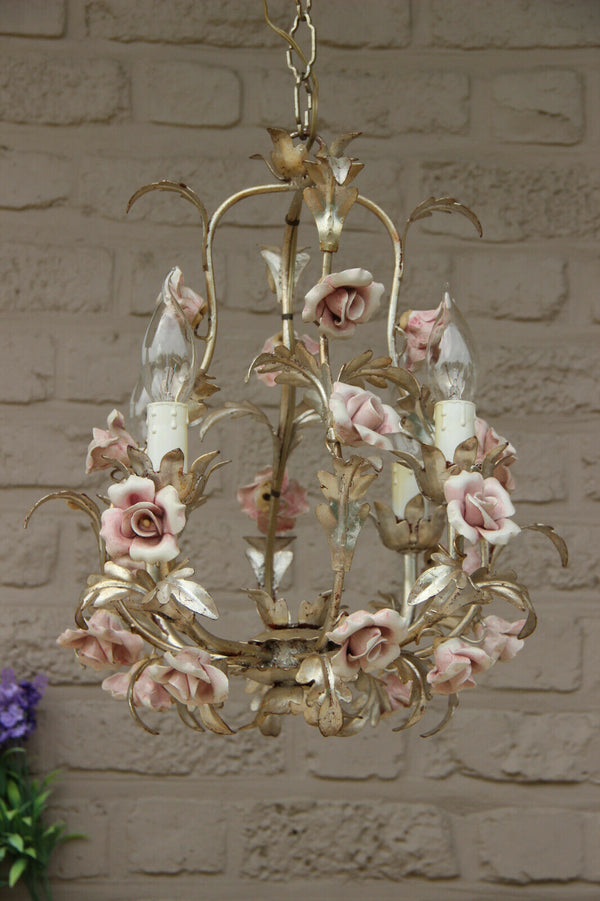 Vintage French cute metal silver gilt pink porcelain Flowers Chandelier 1970