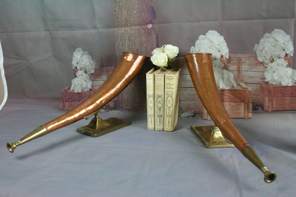 Set of 2 Dutch Antique Copper Huntings horns mounted on base 19th c