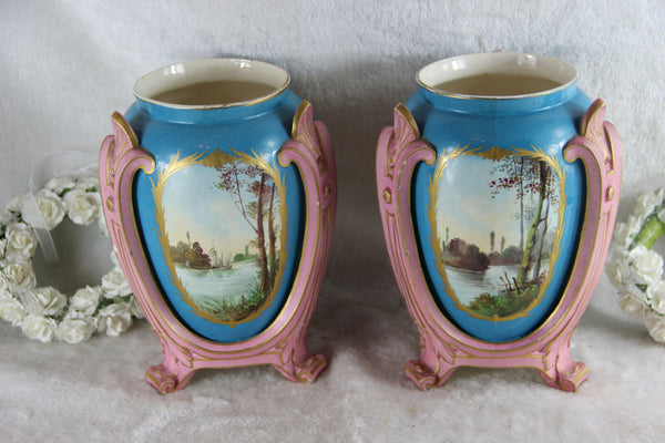 Pair antique French sevres porcelain vases romantic decor marked 19thc