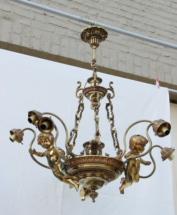 HUGE French antique Brass 3 putti angels figural Chandelier 9 lights 1950 Rare